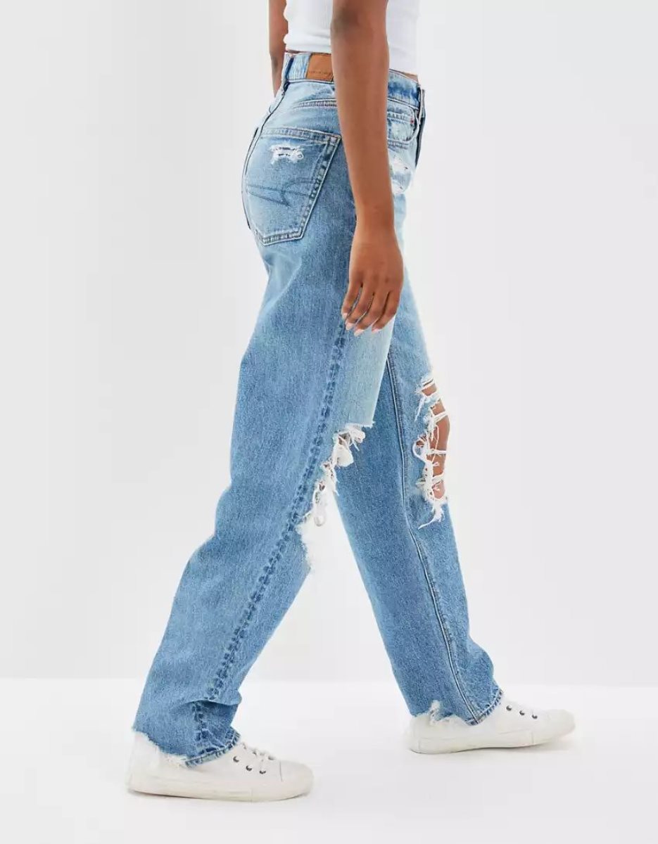 Jean American Eagle AE Strigid Ripped Highest Taille Baggy Droit Indigo Lavage Femme | IJT-40020116